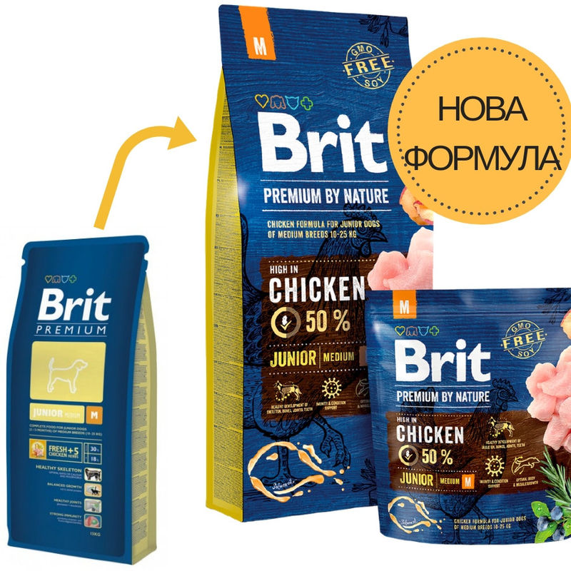 Суха храна за кучета BRIT PREMIUM JUNIOR M BY NATURE [ НОВА, ПОДОБРЕНА ФОРМУЛА ] с 50% прясно пилешко месо 3 кг.