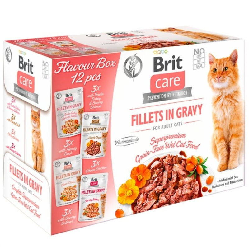 Пълноценна мокра храна за котки Brit Care Cat Delicate fillets in gravy Multipack – селекция птичи и рибни филенца в сос грейви 12 броя х 85 гр.