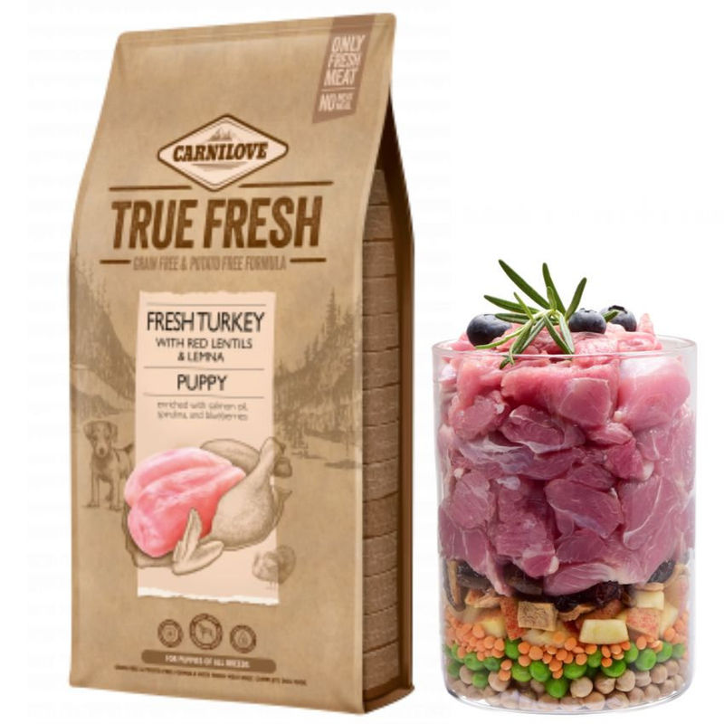 Ултра премиум суха храна за подрастващи кучета Carnilove TRUE FRESH Turkey for Puppy със 60% истинско, прясно пуешко месо, обогатена с масло от сьомга, спирулина и боровинки 11.4 кг.