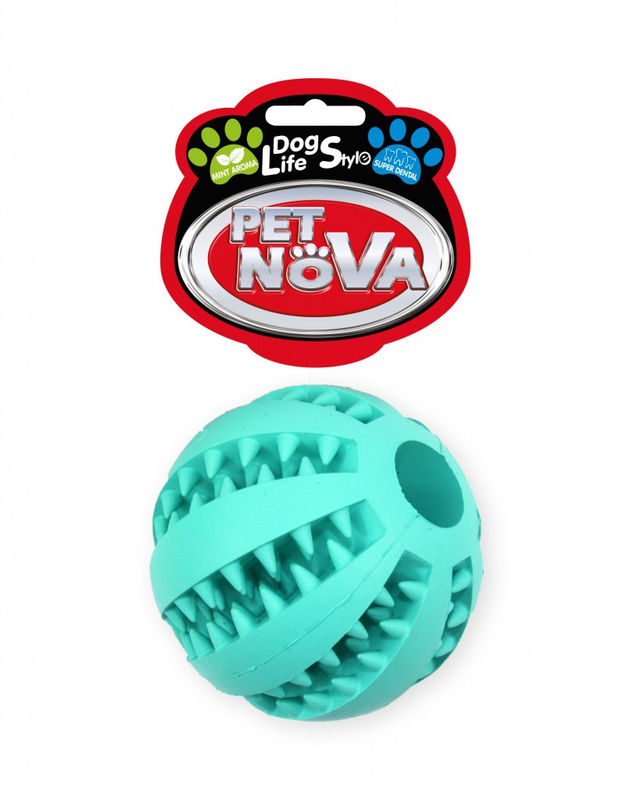 Играчка за кучета PET NOVA – Дентална топка 7см, с цвят и аромат на мента, с място за поставяне на лакомства 7.5 см.
