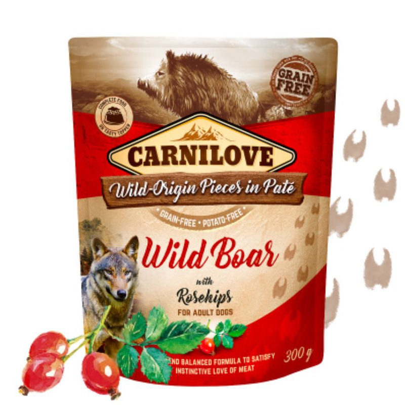 Натурална мокра храна за кучета Carnilove Dog Pouch Paté Wild boar with rosehip с месо от глиган и шипки, БЕЗ ЗЪРНЕНИ КУЛТУРИ 0.300 кг.