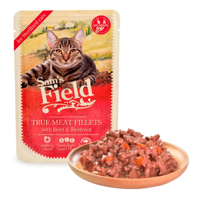 Натурална, мокра храна за кастрирани котки Sam’s field CAT POUCH for sterilized cats with Beef filets със 77% пилешко месо, 8% говеждо и цвекло, БЕЗ зърнени култури 85 гр.