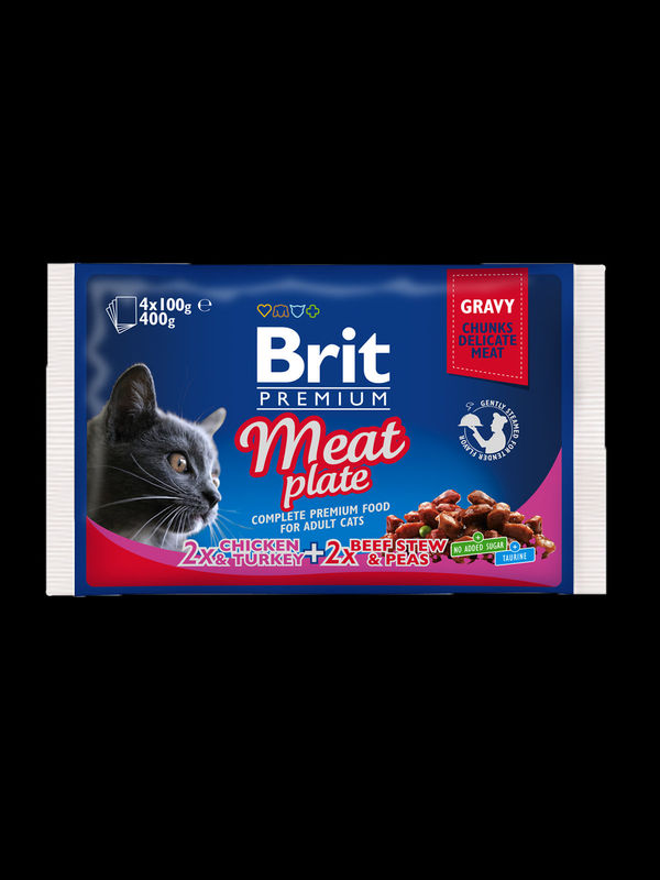 Brit Premium Cat Pouches Meat Plate  – паучове за котка хапки с пилешко, пуешко и говеждо месо в сос грейви 4 x 100 грама 0.400 кг.