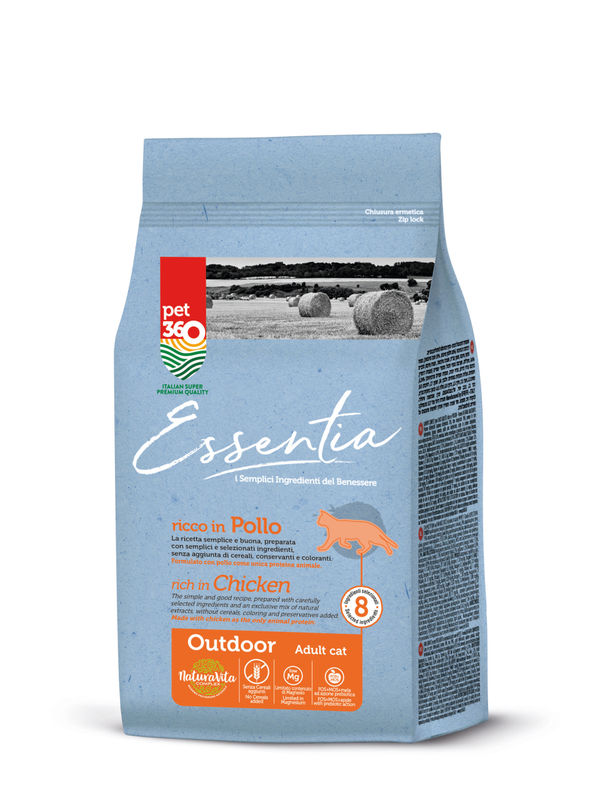 Супер премиум храна за котки Essentia OUTDOOR, БЕЗ ЗЪРНО, със 77% протеин от  прясно пилешко месо + куркума и розмарин, за котки, които имат достъп до външна среда или за такива с ниско телесно тегло 0.300 кг.