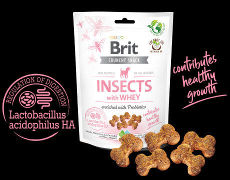 Brit Care Crunchy Cracker. Insects with Whey enriched with Probiotics – лакомство за малки кученца с насекоми,пробиотици и мая за здравословен растеж 0.200 кг.