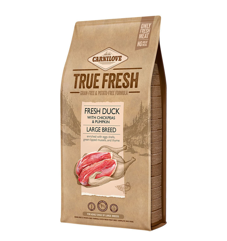 Ултра премиум суха храна Carnilove TRUE FRESH DUCK Large Breed със 60% истинско, прясно патешко месо, черупки от яйца, зеленоуста мида и мащерка БЕЗ ЗЪРНЕНИ КУЛТУРИ, подходяща за кучета от големи породи 11.4 кг.