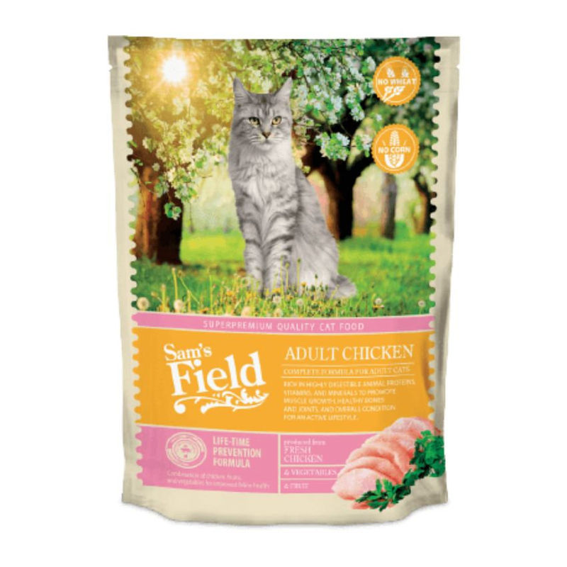 Пълноценна суха храна SAM’S FIELD Cat Adult Chicken с 45% пилешко месо и зеленчуци, БЕЗ зърнени култури 2.5 кг.