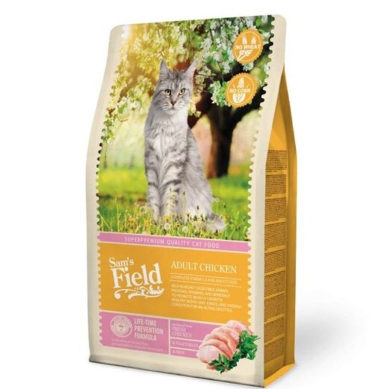 Пълноценна суха храна SAM’S FIELD Cat Adult Chicken с 45% пилешко месо и зеленчуци, БЕЗ зърнени култури 2.5 кг. 2