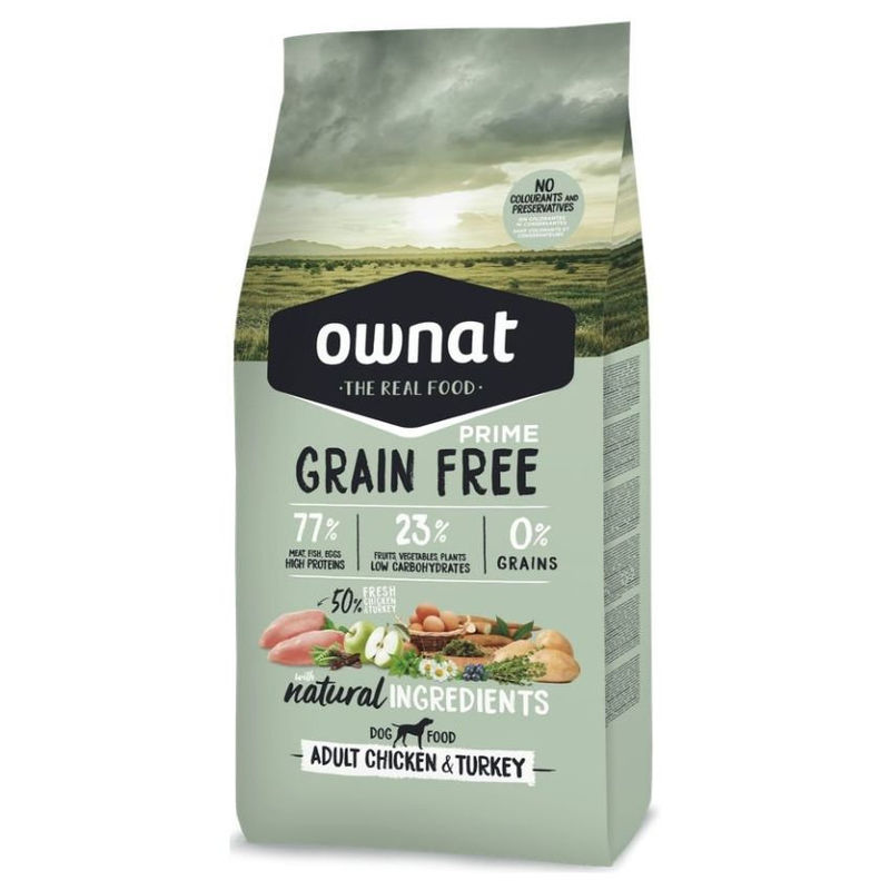 Натурална суха храна Ownat Grain Free Prime ADULT CHICKEN & TURKEY – БЕЗ зърнени култури, с 77%  качествено месо, пиле и пуйка 12 кг.
