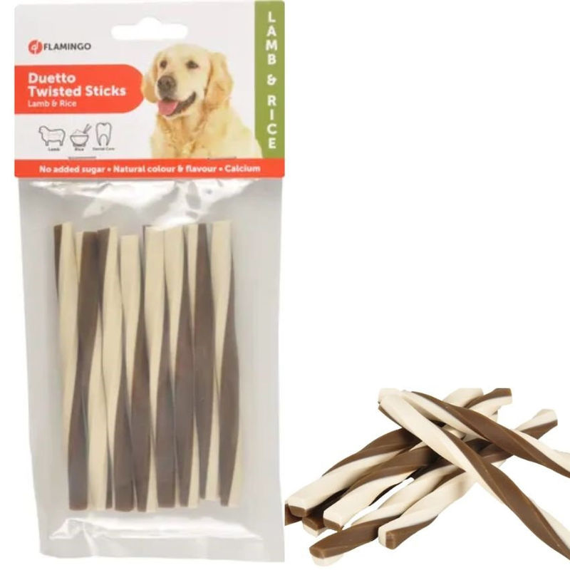 Лакомство за кучета Flamingo TWIST STICKS LAMB & RICE – засукани пръчици с агне и ориз 85 гр.