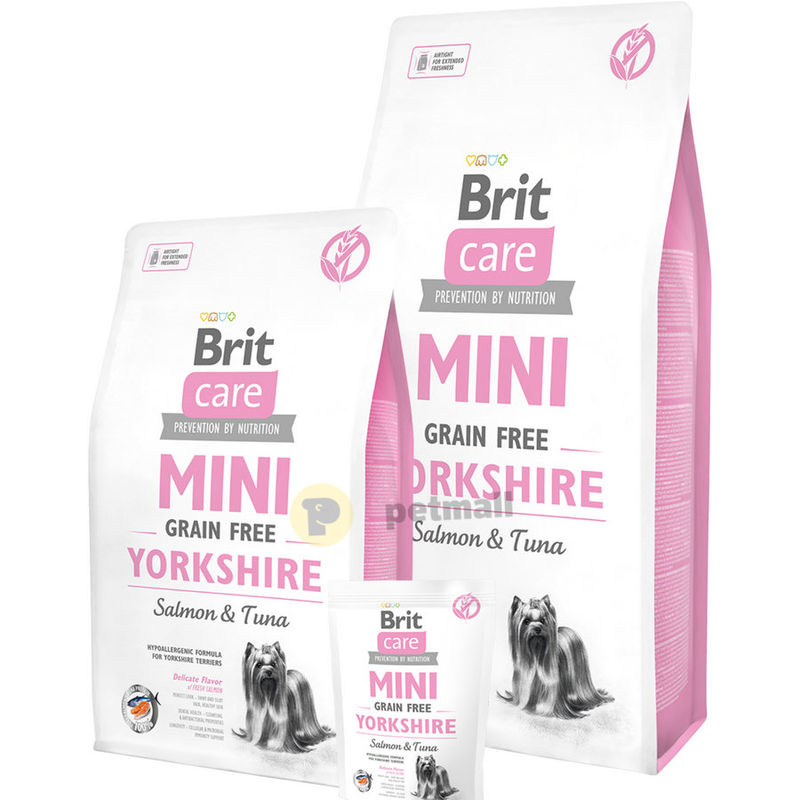 Пълноценна суха храна Brit Care Mini Grain Free Yorkshire със сьомга и риба тон, за кучета от порода йоркширски териер 0.400 кг.
