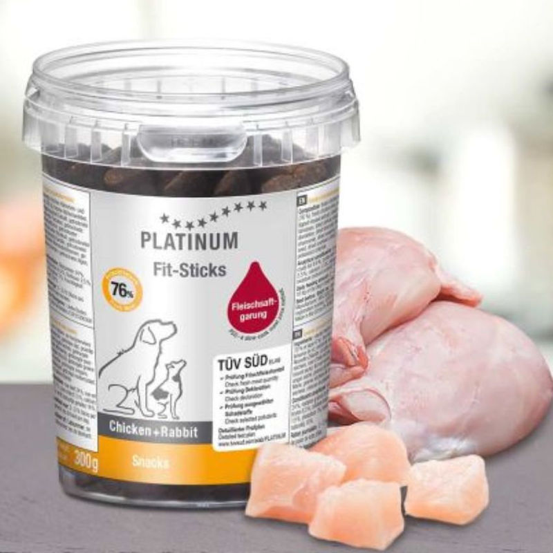 Лакомство за кучета Platinum Fit-Sticks Chicken+Rabbit пръчици с 76% Прясно пилешко и заешко месо 300гр.