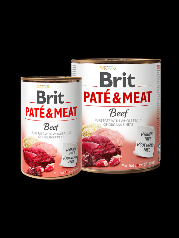 консерва BRIT PATÉ & MEAT – BEEF – консервирана храна за кучета с 27% прясно телешко месо и 23% пуешко месо 0.800 кг.