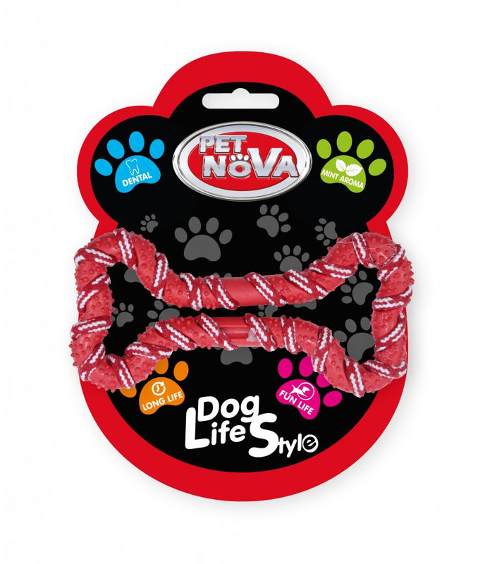 Кучешка играчка PET NOVA кокал от гума и въже 20 см. с аромат на мента червен