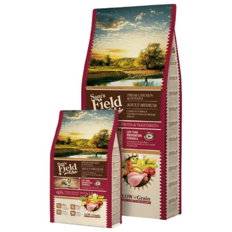 Пълноценна суха храна за кучета от средни породи Sam’s Field Dog Fresh Chicken and Potato ADULT MEDIUM с 60% пилешко месо и зеленчуци 2.5 кг.