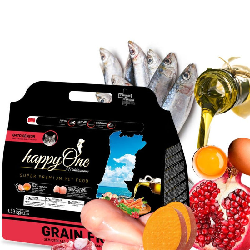 Средиземноморска храна HappyOne MEDITERRANEUM CAT Senior за котки над 5 год. с пилешко месо, сардини, зехтин, яйца и нар 3 кг.