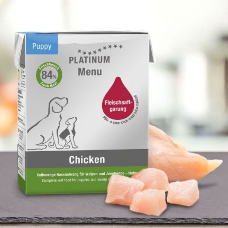Мокра храна за подрастващи кученца Platinum Menu Puppy Chicken с 84% Пилешко месо, масло от сьомга и зеленчуци 90гр.