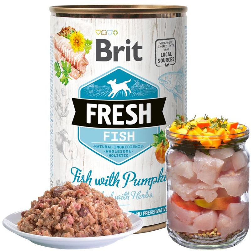 Холистична консервирана храна за кучета Brit Fresh Fish with Pumpkin с 44% прясна риба, 23% пилешко и 6% тиква 0.400 кг. 4