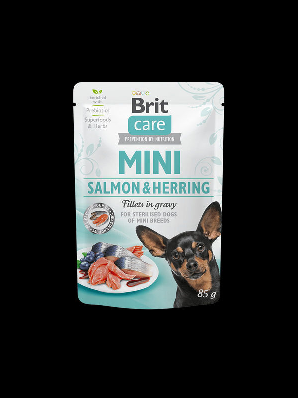 Brit Care Mini Salmon & Herring fillets in gravy for sterilised dogs – пауч за кастрирани кучета от малките породи със сьомга и херинга 85 гр.
