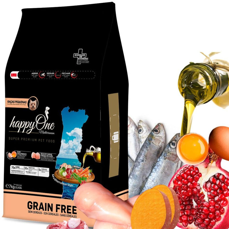 Средиземноморска храна HappyOne MEDITERRANEUM Small breeds за пораснали кучета от малки породи с пилешко месо, сардини, зехтин, яйца и нар 3 кг.