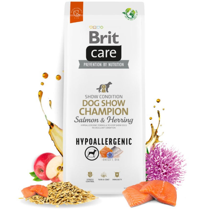 Супер премиум, хипоалергенна храна за кучета Brit Care Dog Hypoallergenic Dog Show Champion, със сьомга, херинга 1kg.