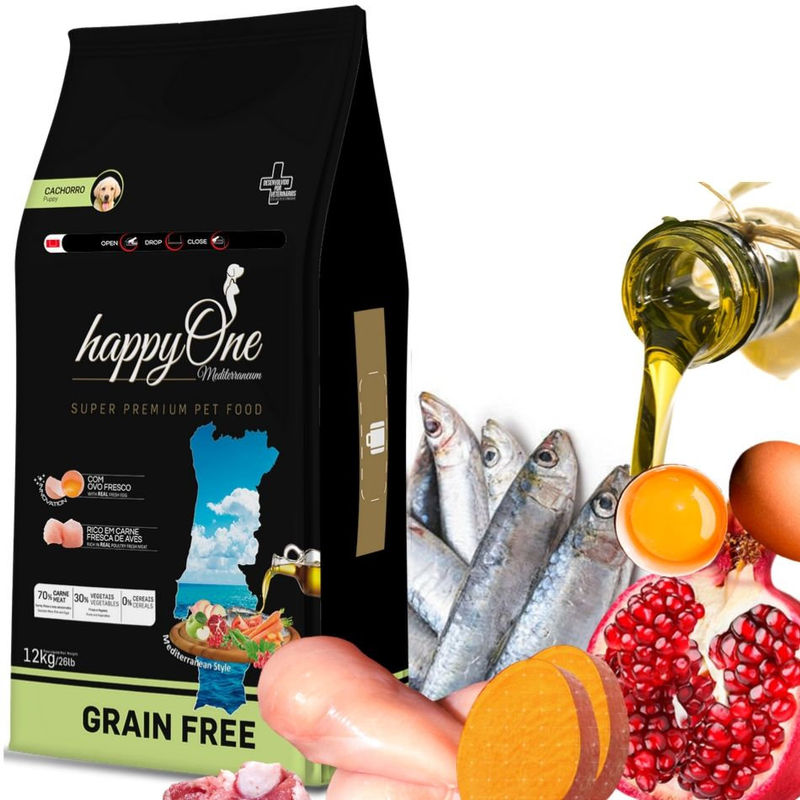 Средиземноморска храна HappyOne MEDITERRANEUM Puppy – Junior за подрастващи кученца от всички породи с пилешко месо, сардини, зехтин, яйца и нар 3 кг.