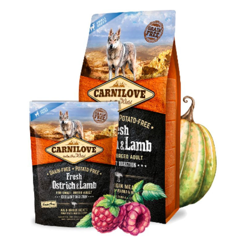 Натурална суха храна  с прясно месо за добро храносмилане за кучета от малки породи Carnilove FRESH Ostrich & Lamb Excellent Digestion for Small Breed със 26% прясно месо от щраус и 20% агнешко, БЕЗ ЗЪРНЕНИ КУЛТУРИ  1.5 кг.