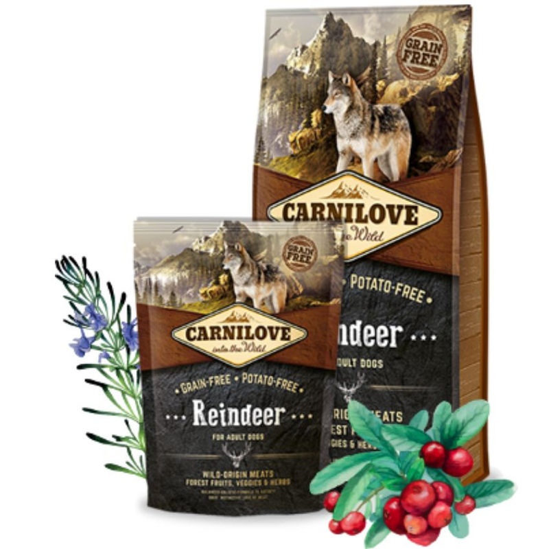Пълноценна, суха храна за кучета Carnilove Reindeer Adult със 28% еленско и 22% глиганско, БЕЗ ЗЪРНЕНИ КУЛТУРИ 1.5 кг.