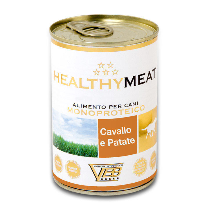 Консервирана храна за кучета HEALTHY MEAT Mono Protein Horse And Patatoes със 100% чист протеин от конско месо и картофи 0.400 кг.