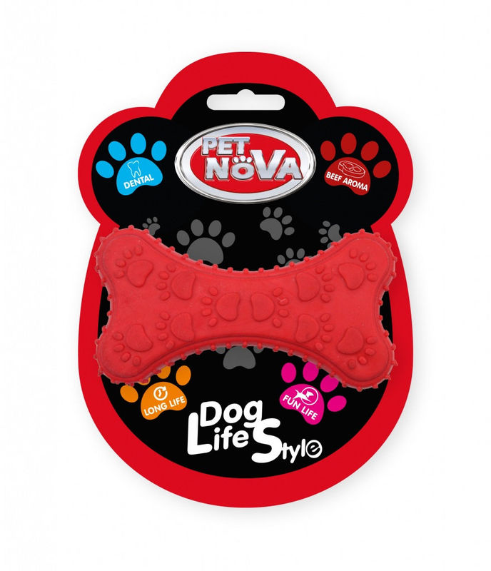 Дентална, гумена играчка за кучета PET NOVA кокал с аромат на телешко 10.5 см. червен