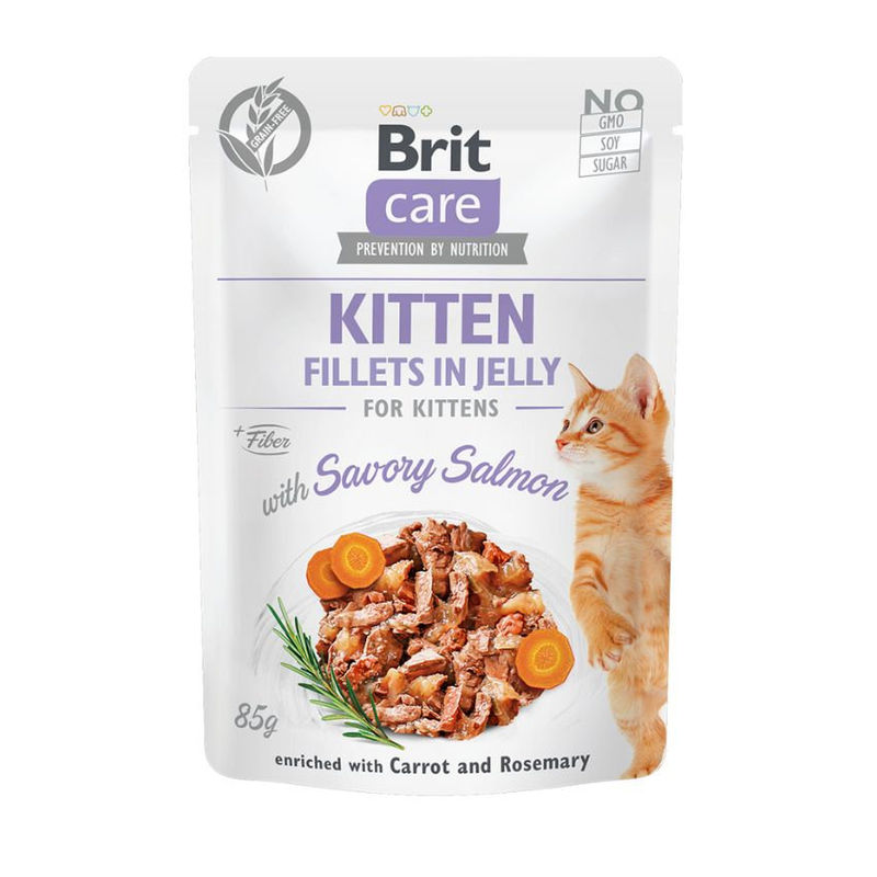 Пауч за подрастващи котенца Brit Kitten пауч Savory Salmon с пикантна сьомга в желе, обогатен с моркови и розмарин 85 gr.