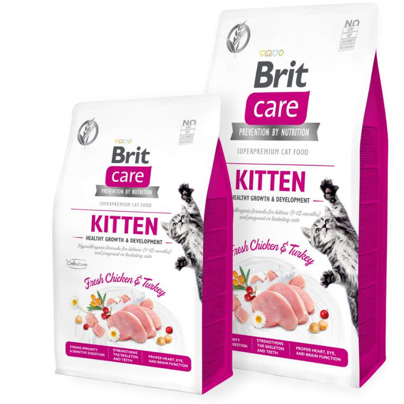 Пълноценна суха храна за котенца и кърмещи котки с коластра Brit Care Cat Grain-Free KITTEN HEALTHY GROWTH AND DEVELOPMENT със 26% прясно пилешко и зеленчуци, БЕЗ зърнени култури 7 кг.