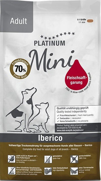 Супер премиум храна Platinum Adult Mini Iberico – за мини породи със 70% прясно иберийско свинско месо, годно за човешка консумация 900гр