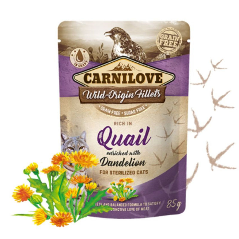 Натурална, мокра храна за кастрирани котки Carnilove CAT POUCH rich in Quail with dandelion със 71% пилешко месо, 14% пъдпъдъче, обогатена с глухарче, БЕЗ зърнени култури 85 гр.