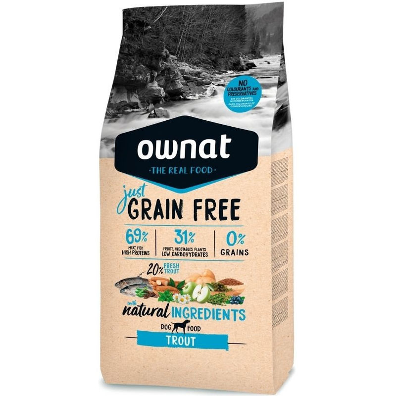Натурална суха храна Ownat Adult Grain Free Trout – БЕЗ зърнени култури за пораснали кучета от всички породи, с 69% месо и риба треска 14 кг.