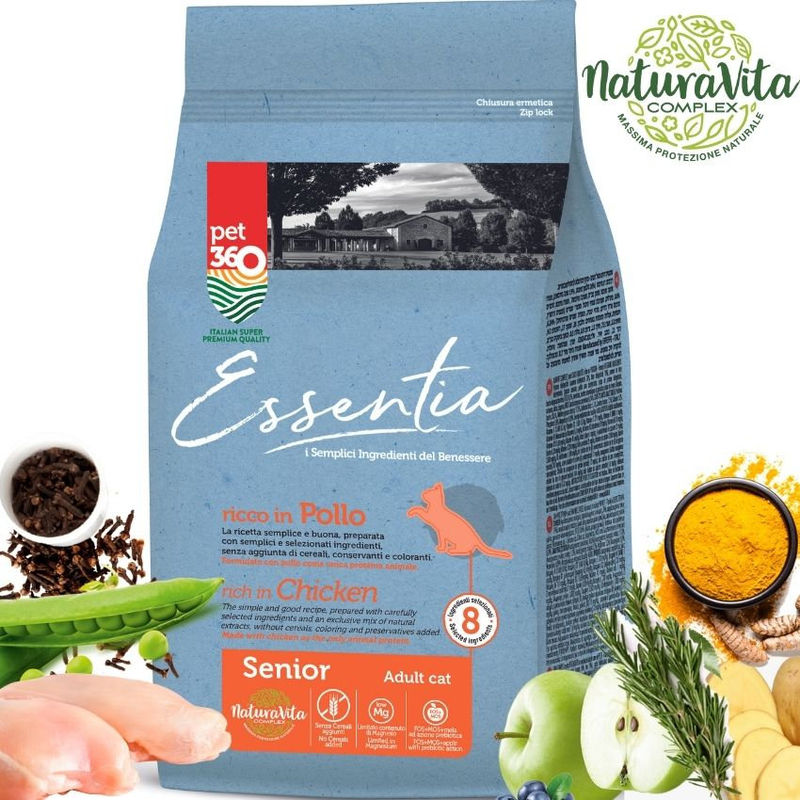 Супер премиум храна за котки Essentia SENIOR 9+/Ageing, БЕЗ ЗЪРНО, 66% протеин от прясно пилешко месо + куркума и розмарин, за котки, които имат достъп до външна среда или за такива с ниско телесно тегло 0.300 кг. 2