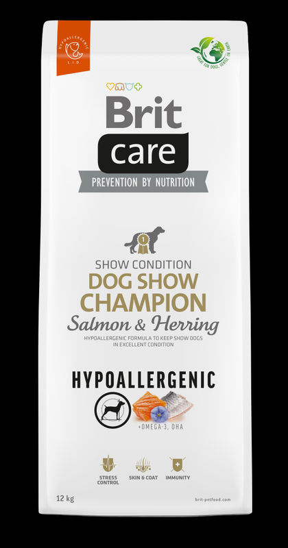 Суха храна за кучета  Brit Care Dog Show Champion – за здрава кожа и лъскава козина,  със сьомга и херинга 12 кг.