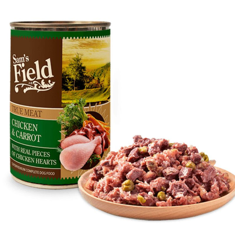 Натурална консервирана храна за кучета Sam’s Field DOG True Meat Chicken & Carrot късчета от 60% прясно пилешко месо и моркови 0.400 кг.