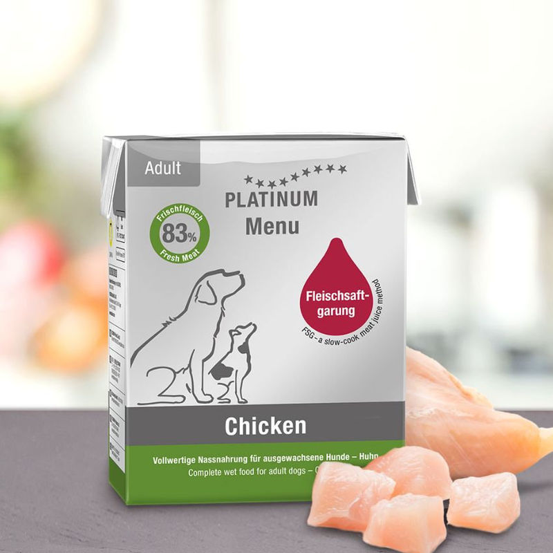 Мокра храна за кучета Platinum Menu Adult Chicken с 83% Прясно пилешко месо, ориз и зеленчуци 375гр.