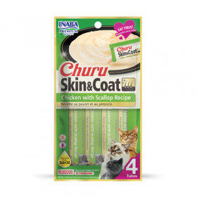 Кремообразно лакомство за капризни котки Churu Cat Treats Skin&Coat Chicken with Scallop Recipe мус от пилешко месо и миди 4×14гр.