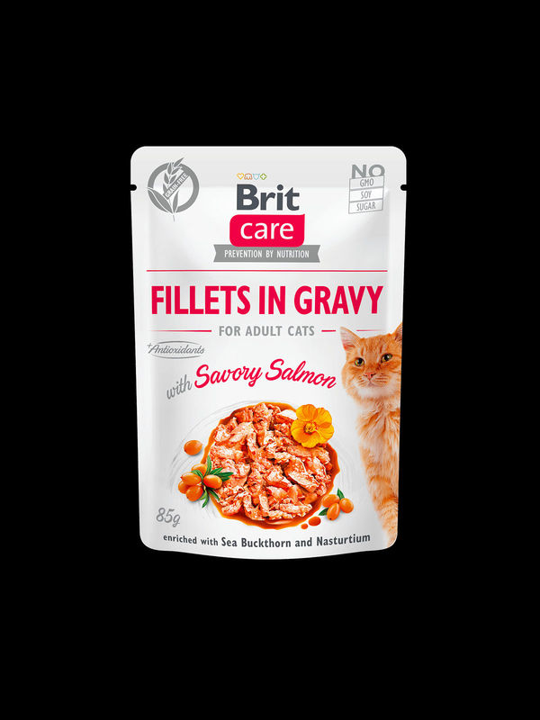 Brit Care Cat Pouch SAVORY SALMON in Gravy – пауч за котки със сьомга в сос 85 гр.