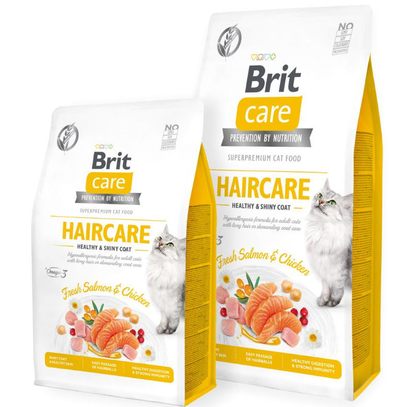 Пълноценна суха храна за котки за красива козина и здрава кожа Brit Care Cat Grain-Free HAIRCARE HEALTHY AND SHINY COAT със  26% прясно месо от сьомга, 26% пилешко и зеленчуци, БЕЗ зърнени култури 2 кг.