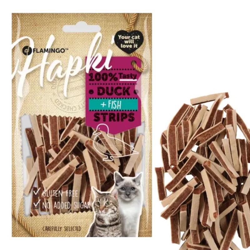 Лакомства за котки Flamingo Hapki Duck and cod strips с патешко и риба 85 гр.