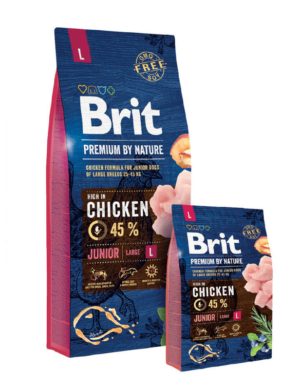 Суха храна за кучета BRIT PREMIUM JUNIOR L BY NATURE [ НОВА, ПОДОБРЕНА ФОРМУЛА ] с 45% прясно пилешко месо 3 кг.