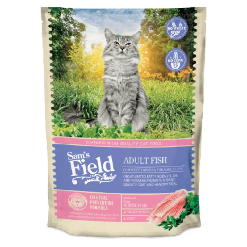 Пълноценна суха храна SAM’S FIELD Cat Adult Fish с 38% риба и зеленчуци, БЕЗ зърнени култури 2.5 кг.