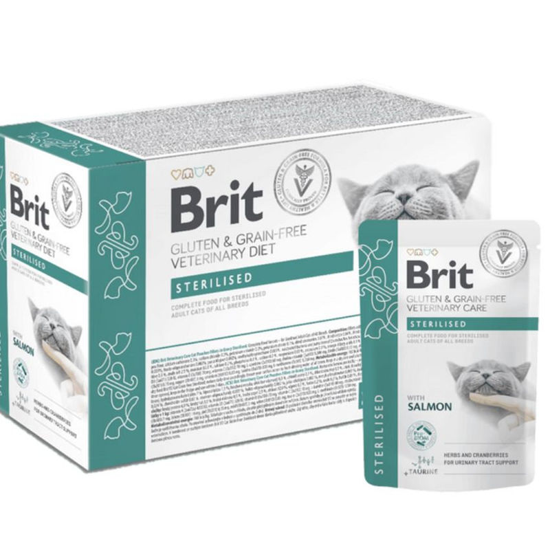 Мокра храна за котки Brit Grain & Gluten-Free VD Care Cat Pouch fillets in Gravy Sterilised подходящ за кастрирани котки за контрол и оптимизиране на теглото, с филе от сьомга в сос грейви 85 g