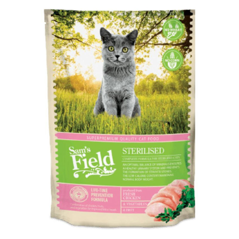 Пълноценна суха храна SAM’S FIELD Cat Sterilized за кастрирани котки с 42% пилешко месо и зеленчуци 2.5 кг.