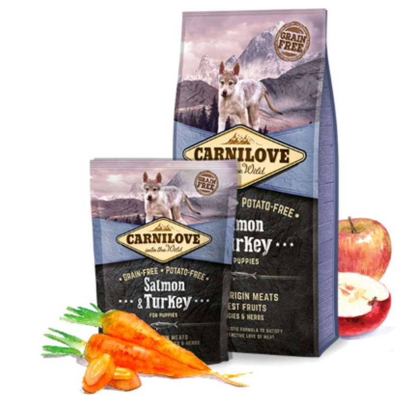 Пълноценна, суха храна за малки кученца Carnilove Salmon & Turkey for Puppies със 25% сьомга и 20% пуешко, БЕЗ ЗЪРНЕНИ КУЛТУРИ 12 кг.