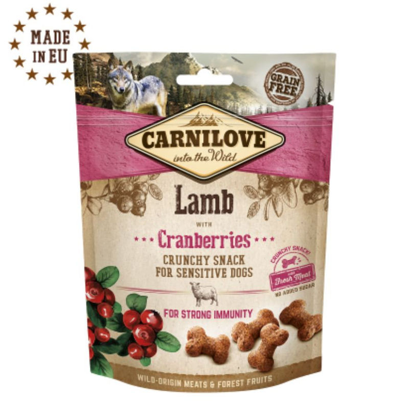 Хрупкави лакомства за куче Carnilove Crunchy snack Lamb with Cranberries with Fresh meat  с 15 % Прясно агнешко, 35% сушено и боровинки, БЕЗ ЗЪРНЕНИ КУЛТУРИ 0.200 кг.