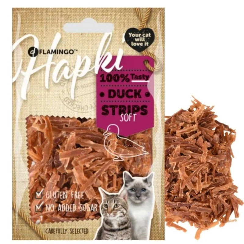 Лакомство за котки Flamingo HAPKI SOFT DUCK STRIPS – хапки сушено патешко месо, 50гр 1 бр.